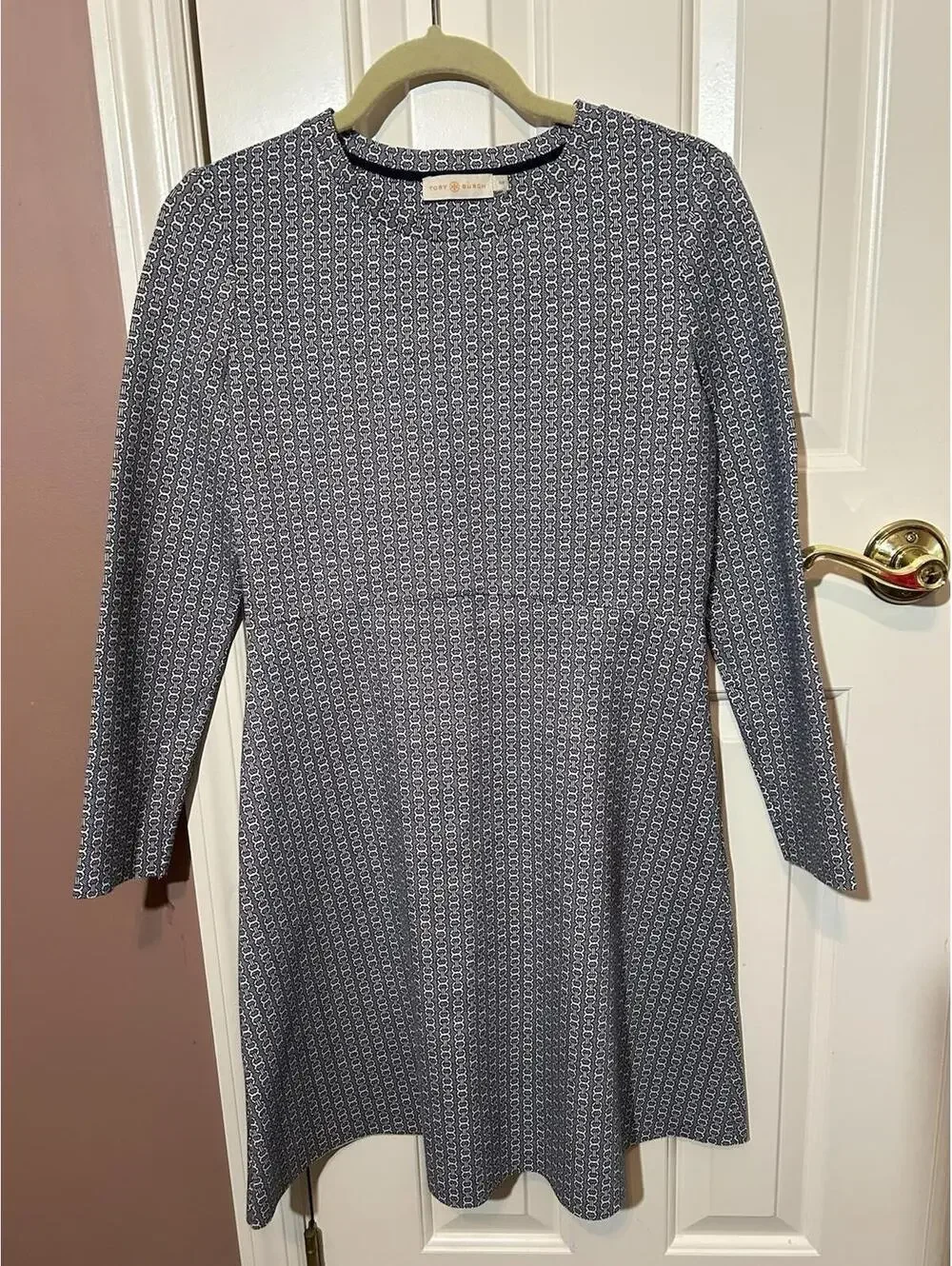 Tory Burch Corinne Stretch Knit Dress Womens S/P Gemini Chain Link Flare Navy